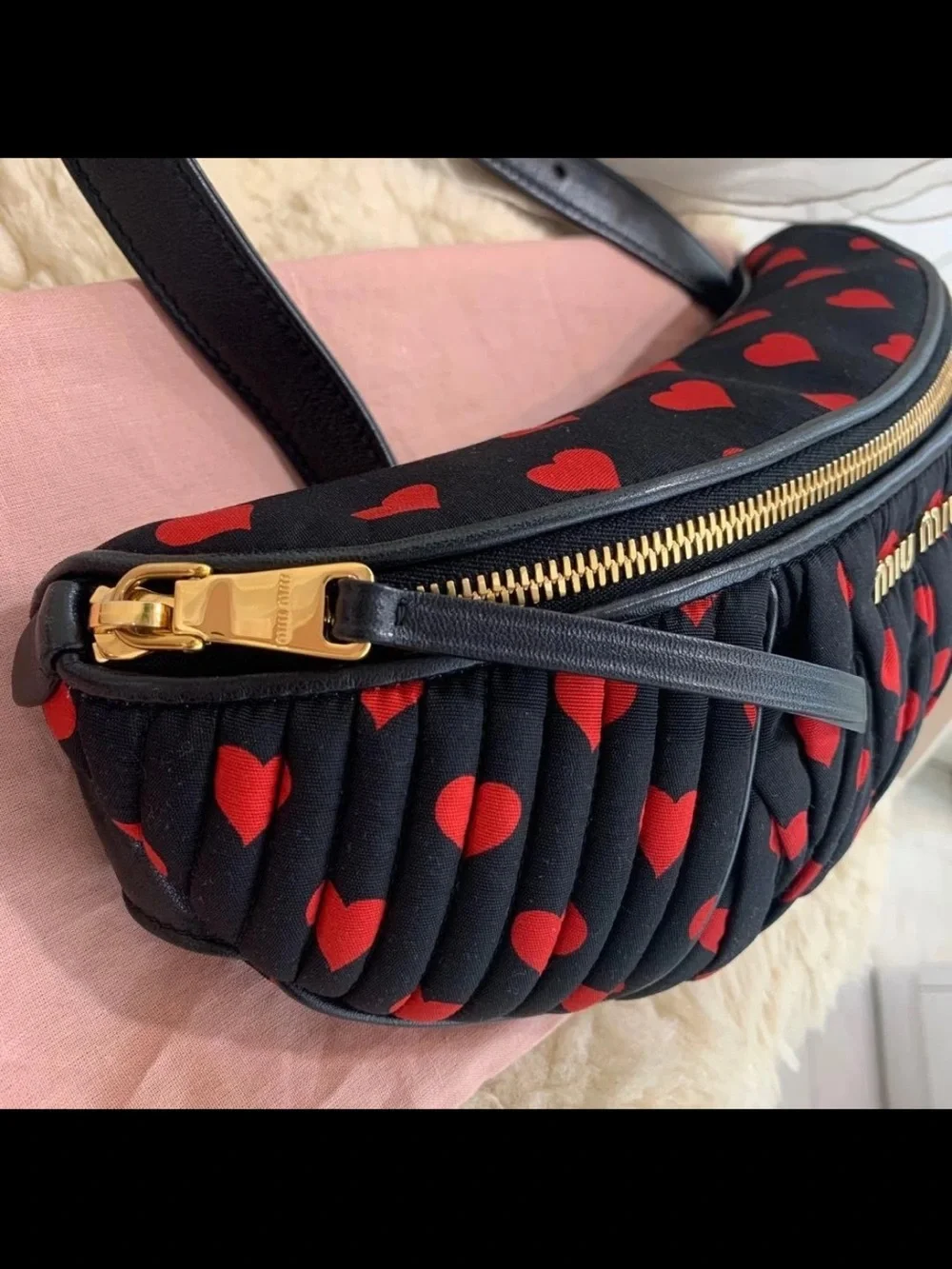 Miu Miu Black Quilted Crossbody with Red Heart Print and Gold Hardware